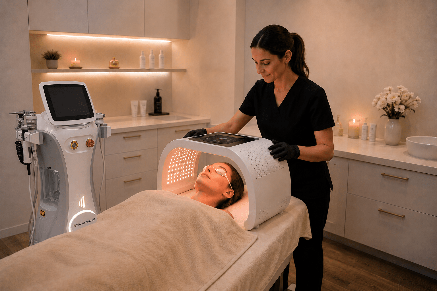 WA HydraLift multifunctional facial treatment system for professional clinics and salons, in use during a professional treatment