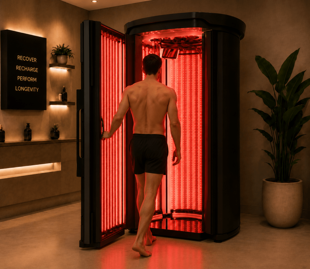 ENSO Red commercial red light therapy system for wellness and recovery facilities, in use during a professional treatment