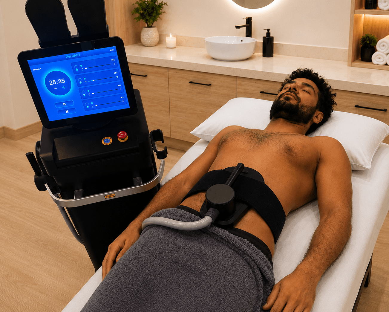 WA Body non-invasive body contouring machine for professional aesthetic clinics, in use during a professional treatment