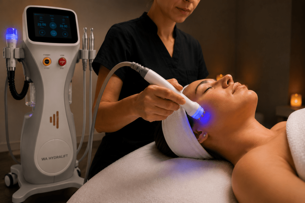 WA HydraLift multifunctional facial treatment system for professional clinics and salons, in use during a professional treatment