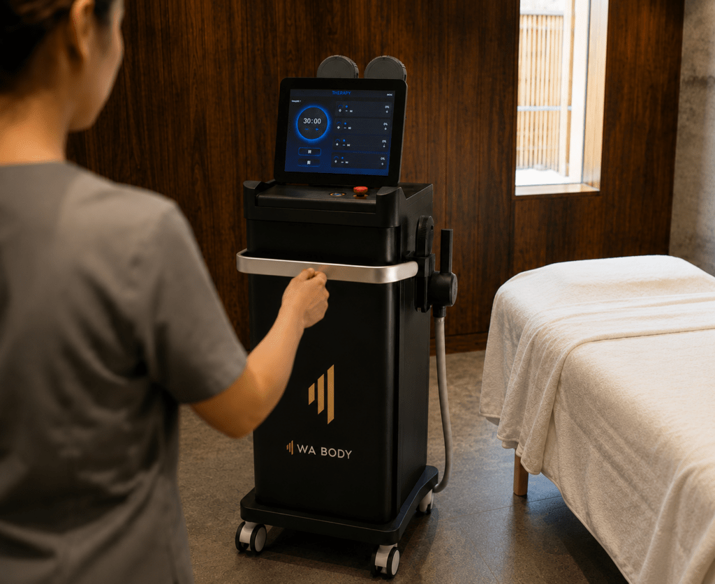 WA Body non-invasive body contouring machine for professional aesthetic clinics, being demonstrated during a professional training session