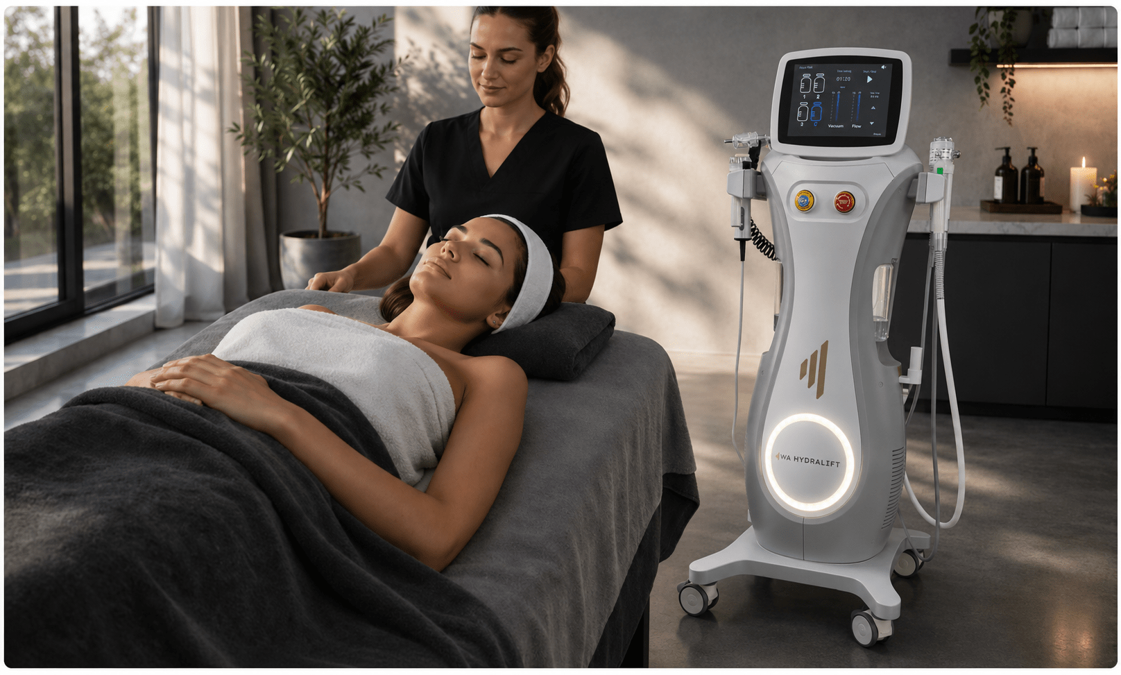 WA HydraLift multifunctional facial treatment system for professional clinics and salons, in use during a professional treatment