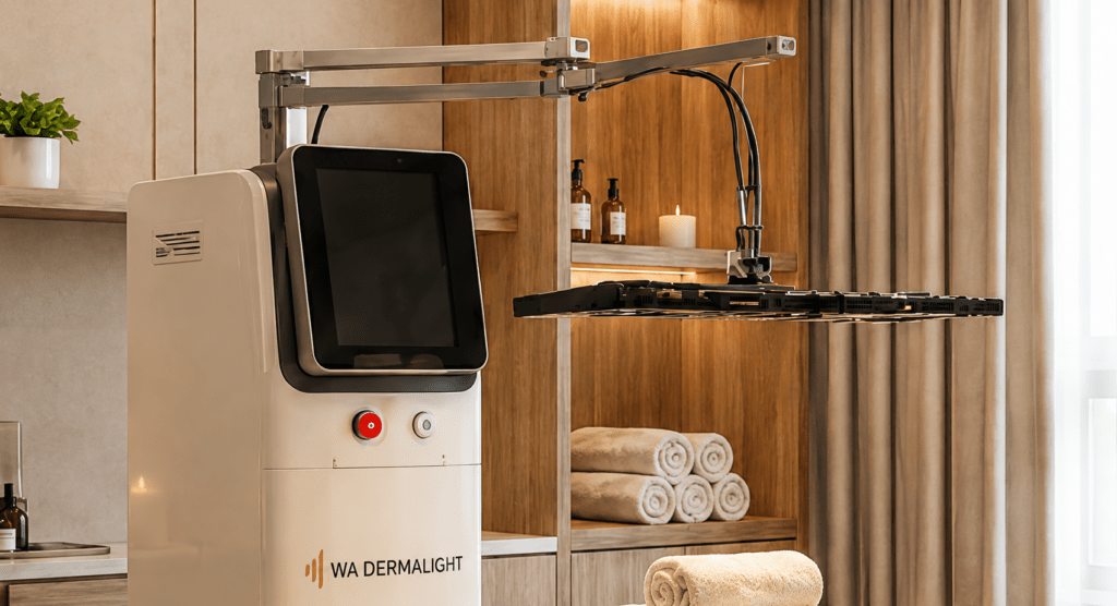 WA DermaLight professional LED light therapy system for aesthetic clinics, positioned in a professional clinic or wellness facility