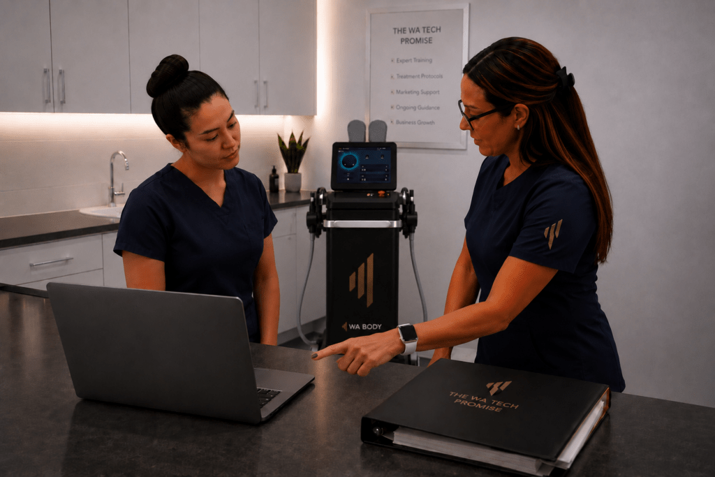 WA Body non-invasive body contouring machine for professional aesthetic clinics, being demonstrated during a professional training session