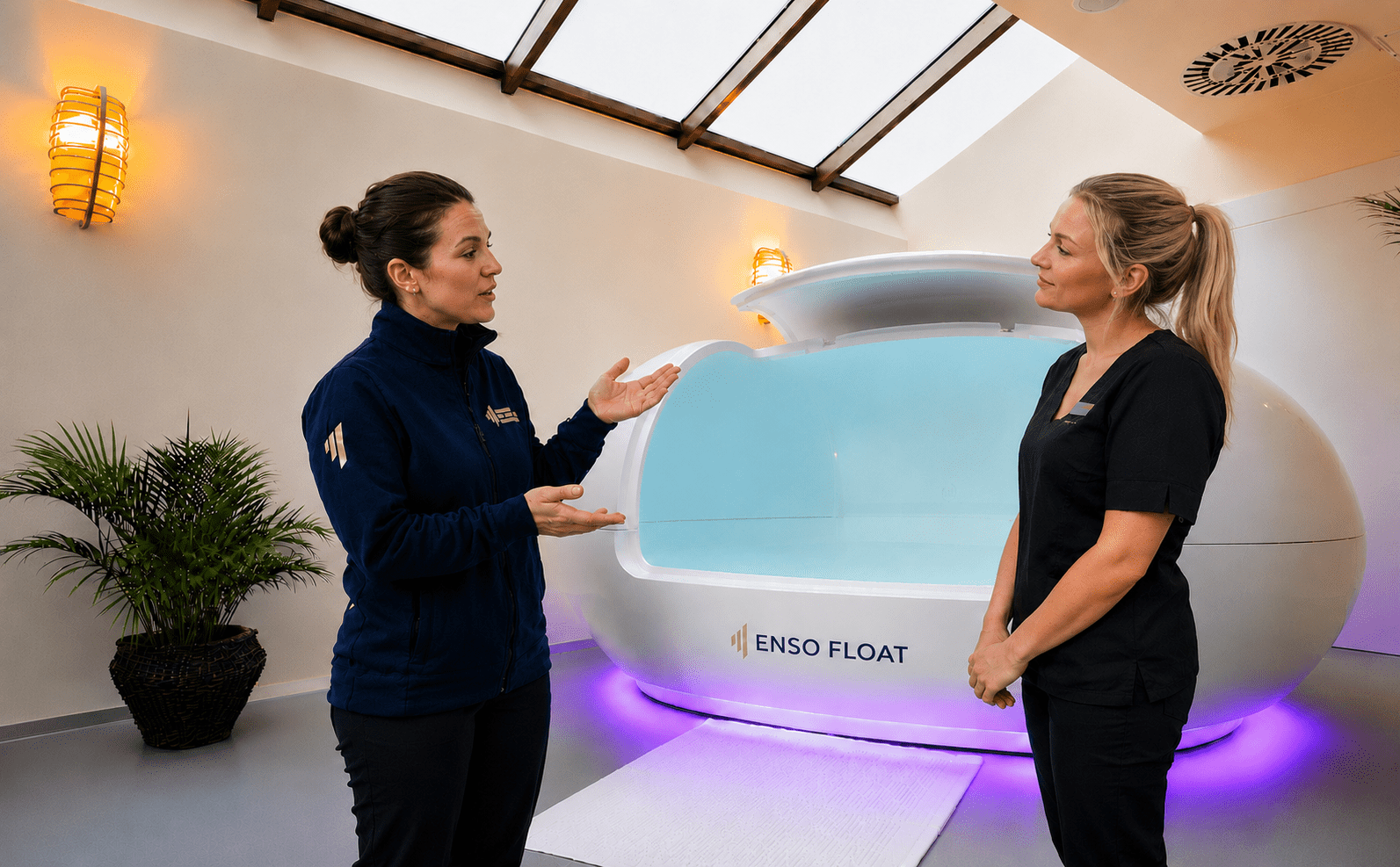 ENSO Float commercial float tank for wellness centres, spas and recovery facilities, being demonstrated during a professional training session