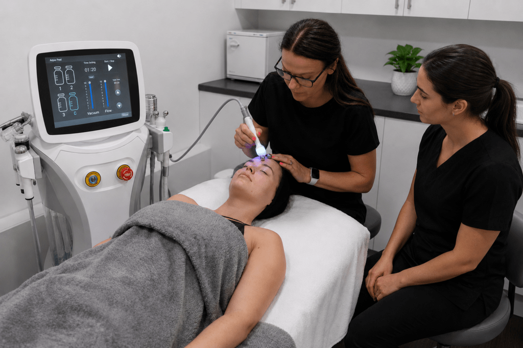 WA HydraLift multifunctional facial treatment system for professional clinics and salons, being demonstrated during a professional training session