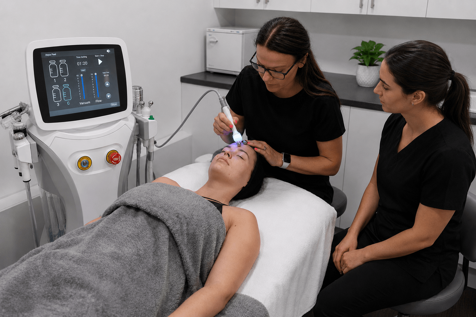 WA HydraLift multifunctional facial treatment system for professional clinics and salons, being demonstrated during a professional training session