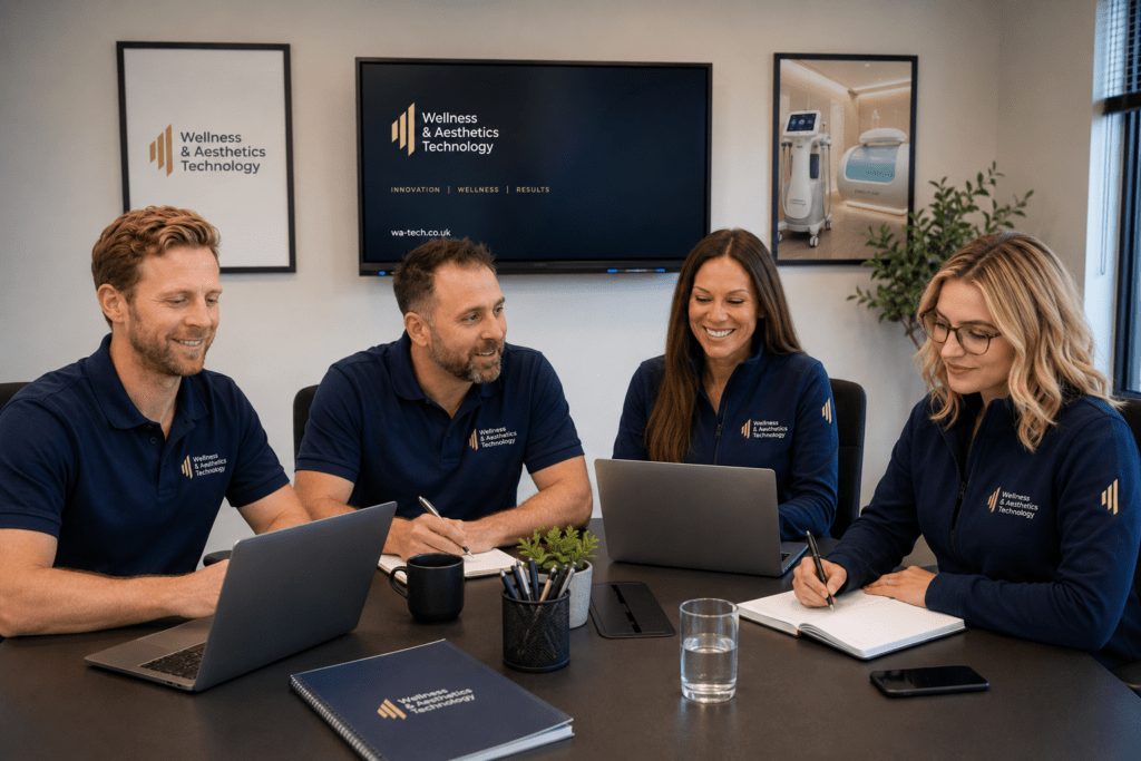 WA Tech team delivering professional product training for wellness and aesthetic equipment, being demonstrated during a professional training session